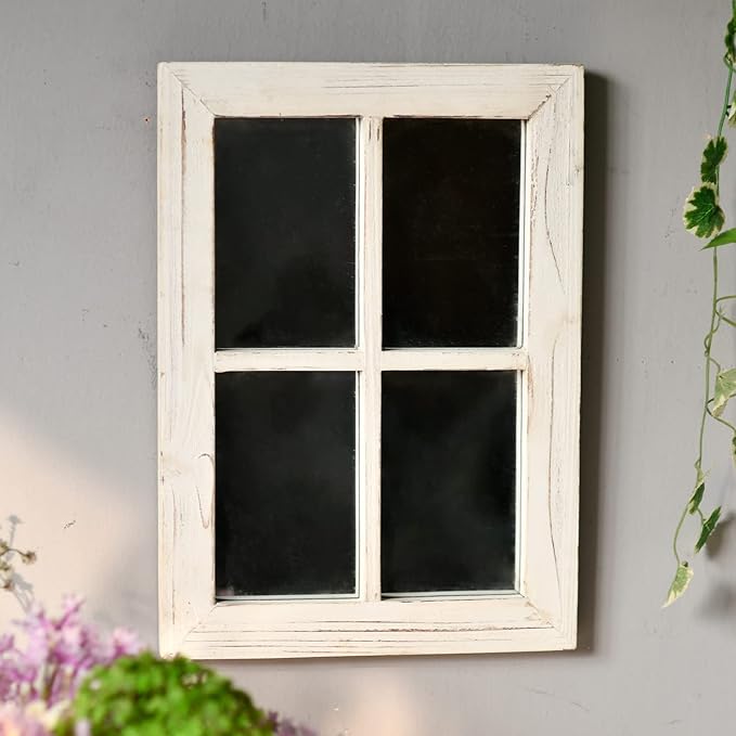 Rustic Small Window Pane Mirror Wall Decor 11 x 16 inches, Hanging Distressed White Farmhouse Rectangle Wood Frame Mirror, Handmade Decorative Window Mirrors for Living Room Christmas
