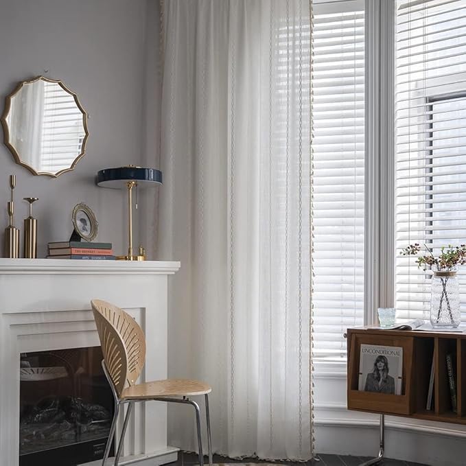 ColorBird Boho Curtains for Bedroom, White Curtains 84 inches Long, 2 Panels Embroidered Darkening Window Treatment for Dining Office Living Room Sliding Glass Door
