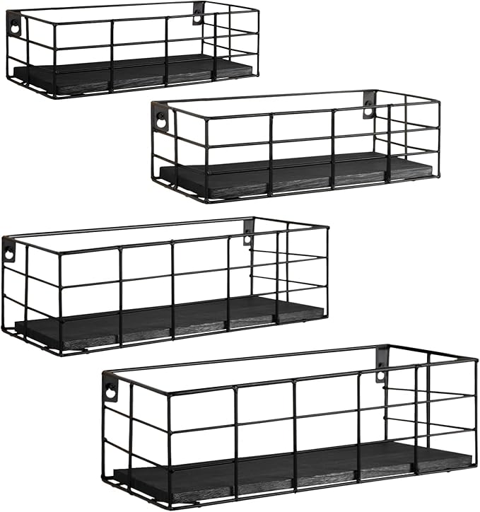 Fixwal 4 Set Floating Shelves Wall Shelves for Storage Hanging Shelves Wall Mounted for Living Room Kitchen and Bedroom Bathroom for Wall Decorative Storage (Black)