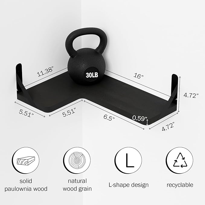 Muzilife Corner Floating Shelves Wooden Floating Shelve Set of 4, Wall Mounted for Storage, L-Shaped Shelves for Wall Decor Wall Organizer for Bedroom, Bathroom, Kitchen, Living Room and Office, Black