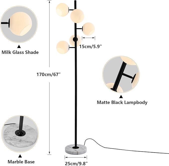 KCO Lighting Five Globe Mid Century Modern Floor Lamp 5Light Milk Glass Floor Lamp Contemporary Black Standing Lamp Industrial Tree Floor Lamp Marble Base Floor Lamp for Living Room, T1013-B