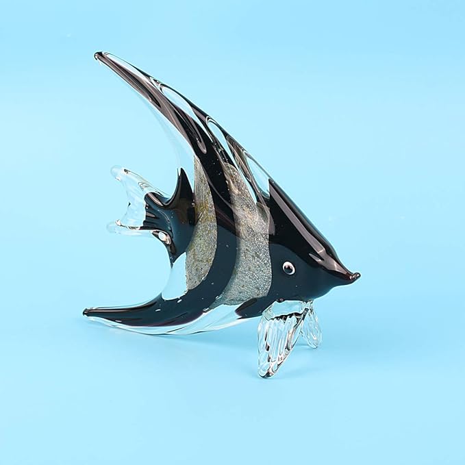 Hophen Art Glass Tropical Angel Swallow Fish Blown Handmade Sea Animal Figurine Sculpture Home Decor Collectible Statue Paper Weight Gift Ornament (Black White)