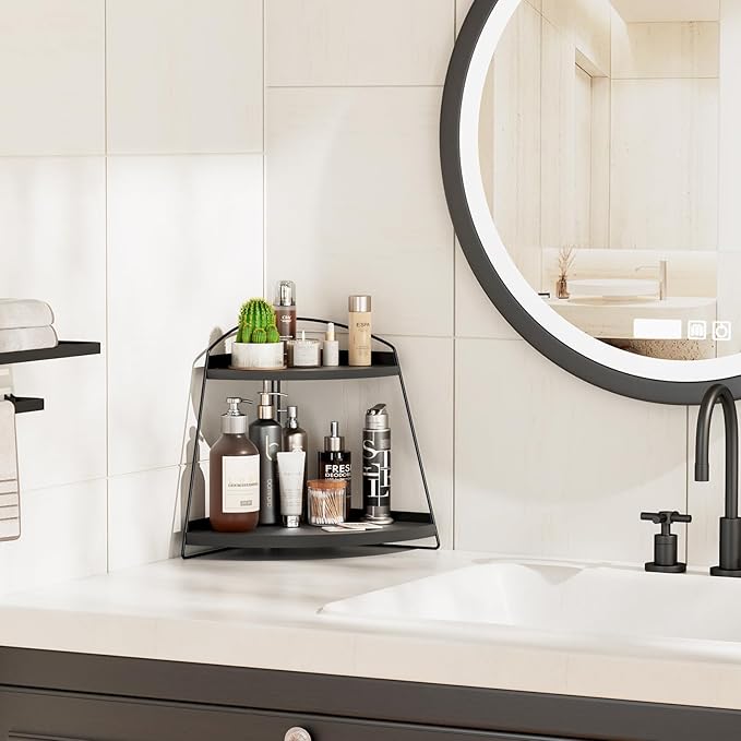 Puricon Bathroom Counter Organizer, 2 Tier Corner Countertop Storage Shelf Bathroom Sink Organizer, Wood Triangle Bathroom Organization for Skincare Kitchen Vanitity -Black, 2 Pack