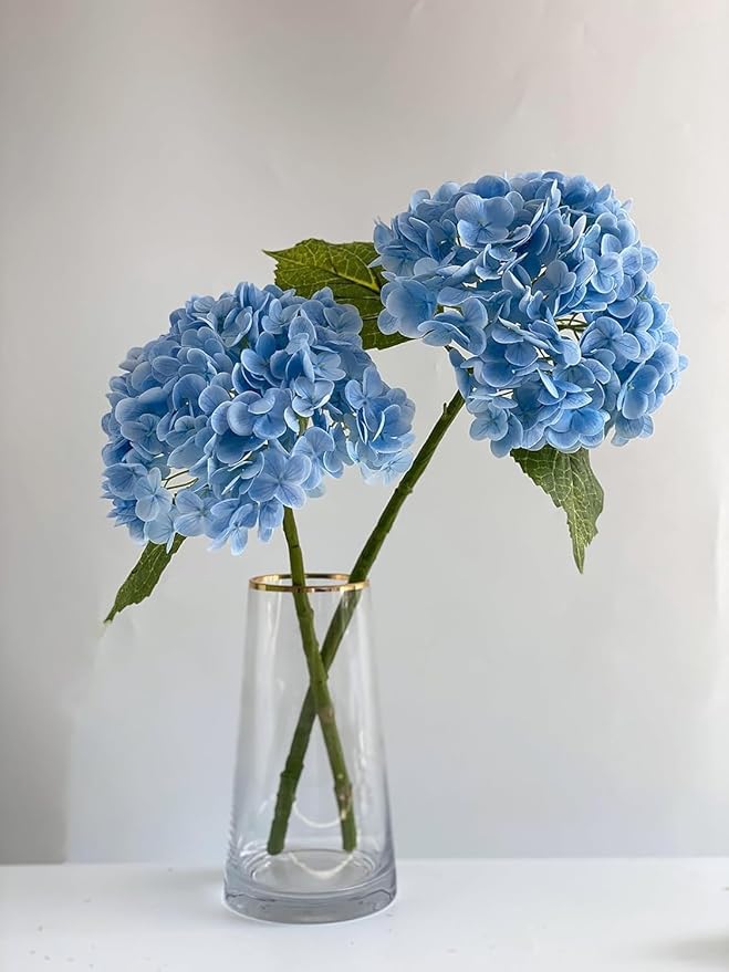 YalzoneMet 4Pcs Light Blue Hydrangea Artificial Flower Natural Lifelike Real 21 inch Long Stem Hydrangea Latex Flower Bouquets for Home Party Outdoor Wedding Table Centerpiece Decor