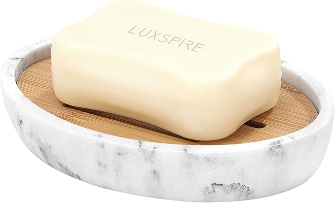 Luxspire Soap Dish Tray, Resin Soap Dish, Bamboo Soap Bar Holder Box for Shower Kitchen Sink, Double Layer Draining Soap Container Box, Wood Case, Bathroom Marble Pattern Tray, Gravel White