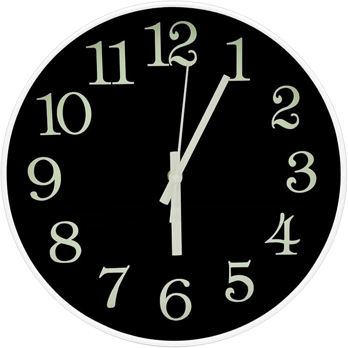 JoFomp Glow in The Dark Clock, 12" Non-Ticking Silent Luminous Wall Clock, Battery Operated Modern Quartz Clocks, Easy to Read for Home Kitchen Office Bedroom
