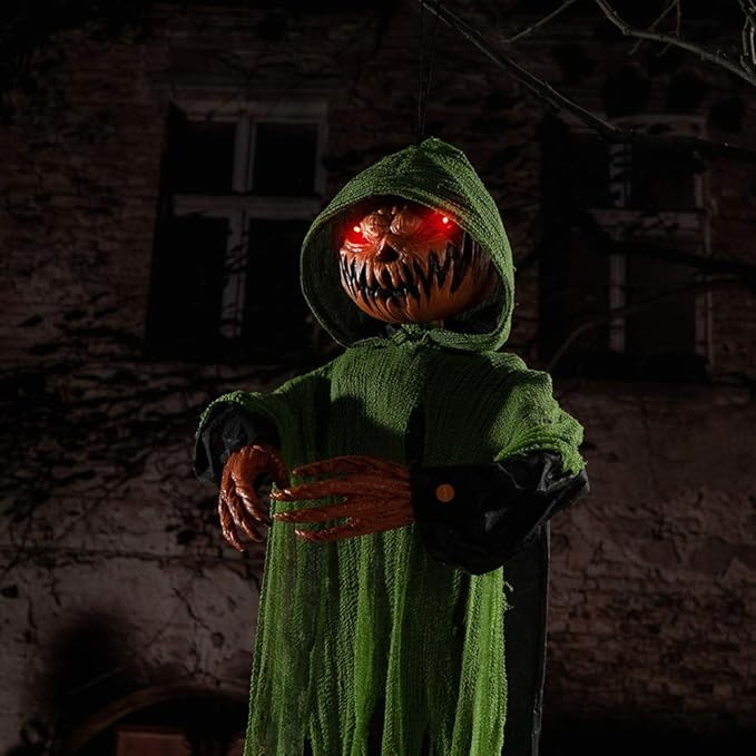 HollyHOME Animated Hanging Jack-O'-Lantern with Glowing Head and Creepy Sound Halloween Decorations Outdoor Haunted House Prop Decor 48 Inch