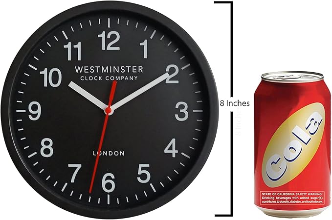 Westminster Clock Company 8" Wall Clock Ticking (Black 8 Inch Standard Quartz Wall Clock)