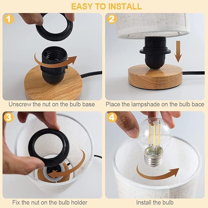3-Color Adjustable Bedside Table Lamp for Bedroom,Minimalist Wood Base&Round Fabric Shade,Cozy Lighting Nightstand Boho Lamp,Study Reading Desk Night Stand Light for Living Room,Office,kitchen,Nursery