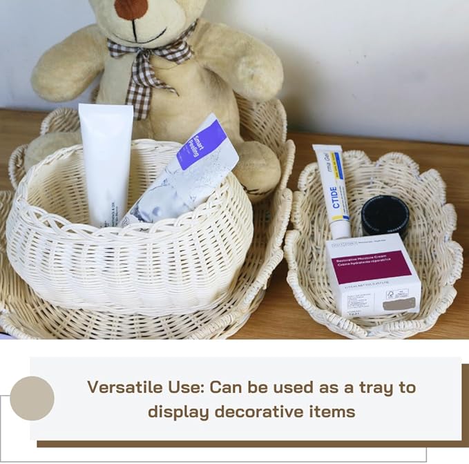Scalloped Basket with Lid Set of 3,Storage Boxes for Shelves,Decorative Storage Boxes With Lids,Rattan Storage, Shelf Baskets Set for Organizer
