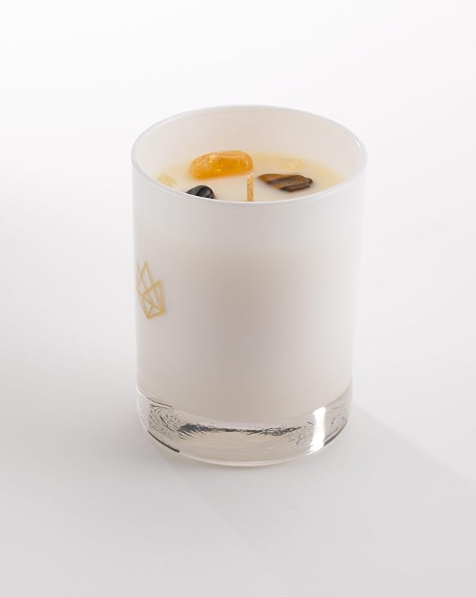 Luxury Glass Jar Candle, 14.5 OZ, Manifest - Citrine, Tiger Eye & Clear Quartz Crystal Infused - Scents of Orange, Neroli, Sandalwood, & Musk - Intention, Belief, & Action, Natural