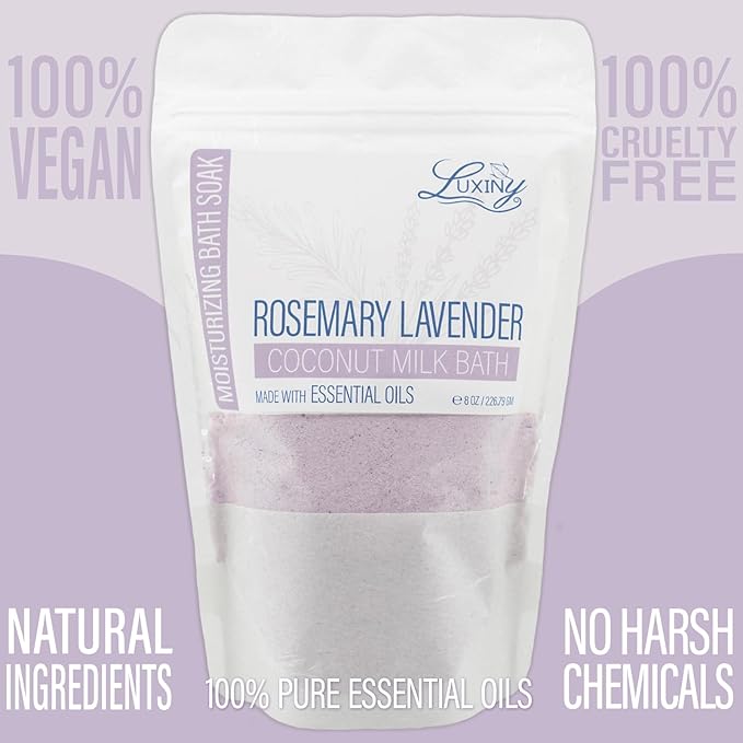 Vegan Milk Bath Soak Made with Moisturizing Coconut Milk Powder, Essential Oil, & Sweet Almond Oil for a Bath Bomb Dust Soothing Fizz & Relaxing Soak, 8 oz. (Rosemary Lavender)