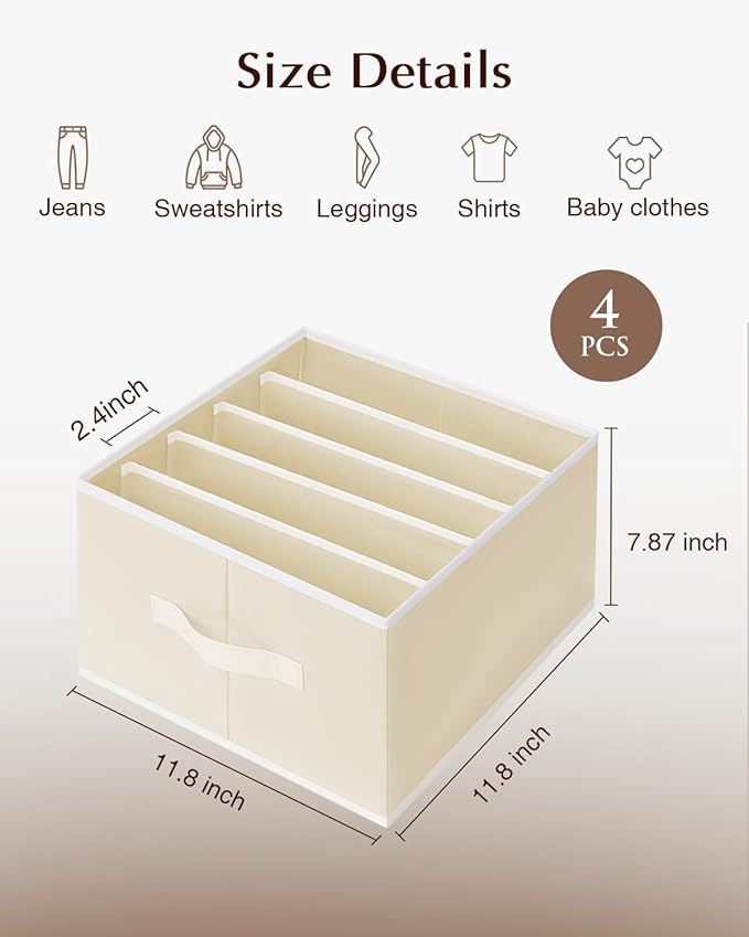Clothes Organizers and Storage - Fabric Jeans Organizer with Handles, Foldable Drawer Dividers for Clothes, Closet Shelf Organizer for Shirts, Bra, Sweater, Scarf, 4 Pack, Pale Yellow