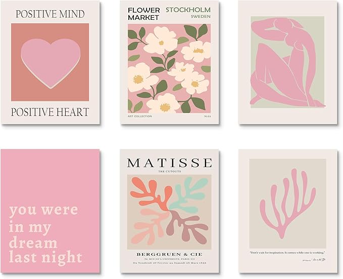 Habseligkeit Flower Market Posters Aesthetic, Matisse Abstract Wall Art Prints Danish Pastel Pink Wall Decor, Floral Wall Art Prints for Girs Dorm Aesthetic Decor Unframed, 11x14in, Set of 6