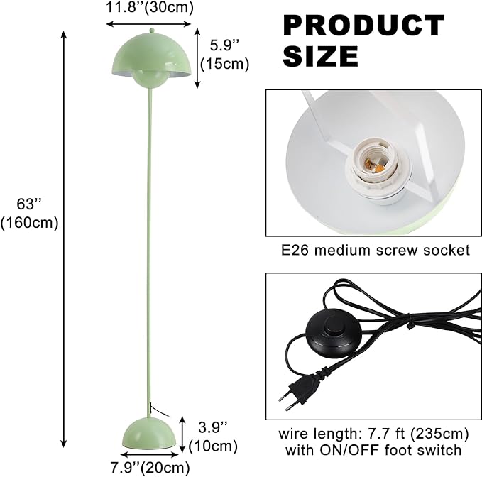 COSYLUX Modern Floor Lamp for Living Room, Industrial Tall Standing Lamp for Bedroom, Metal Shade Reflecting Light Reading Floor Lamp for Office, Nursery Room, Corner(Pastel Green)