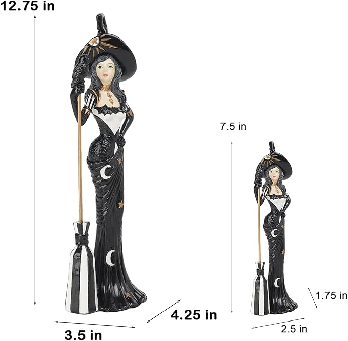 Newman House Studio Halloween Decoration Fairyland Witch Figurine - Magic Witch Holding Broom Dia De Los Muertos Day of Dead Resin Witch Statue Gothic Farmhouse Decor 4.25 * 3.5 * 12.75 in