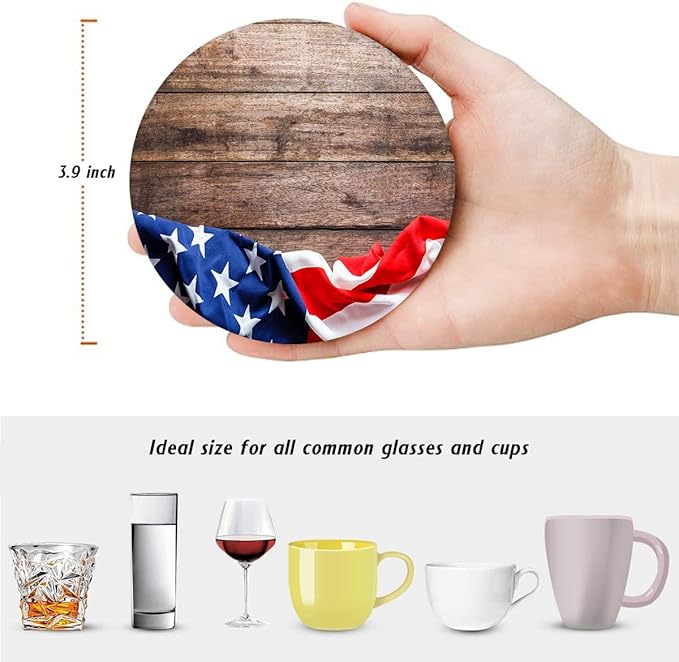 Britimes Coaster for Drinks Set of 6, United States Wooden American Flag Absorbent Round Ceramic Stone Mat, with Cork Base and Metal Holder, Gift for Housewarming Room Bar Decor