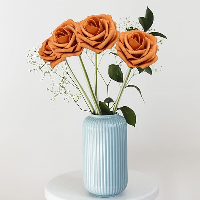 Artificial Flowers White Roses Real Looking Foam Fake Roses with Leaves and for DIY Wedding Bouquets Bridal Shower Centerpieces Party Decorations (Gold Sparrow, 50)