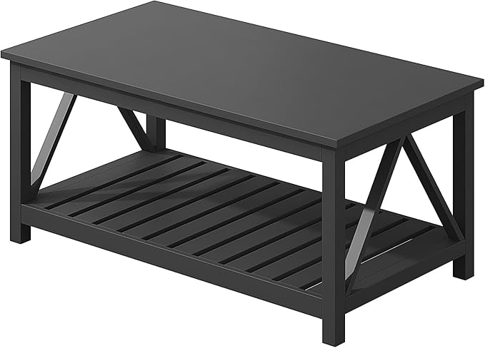 ChooChoo Coffee Table, Rustic Vintage Living Room Table with Shelf, 40 Pure Black