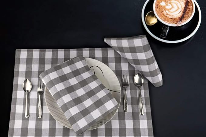 Urban VillaPlacemats for Dining Table 100% Cotton Placemats 14''x20'' Over Sized Tablemats Set of 6 Placemats Grey/White Buffalo Check Tablemats for Family Dinners Wedding PartiesPlacemats