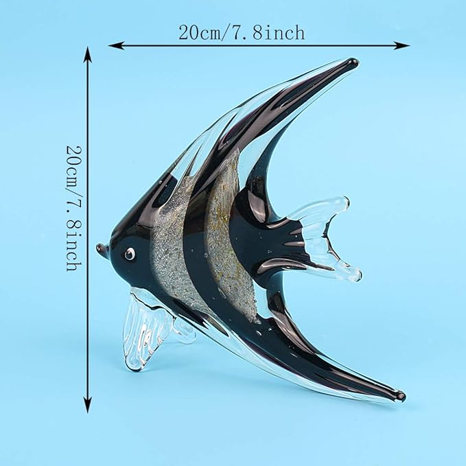 Hophen Art Glass Tropical Angel Swallow Fish Blown Handmade Sea Animal Figurine Sculpture Home Decor Collectible Statue Paper Weight Gift Ornament (Black White)