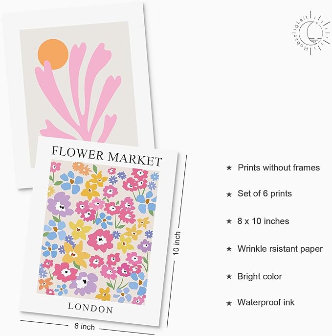 Habseligkeit Pink Danish Pastel Wall Decor for Girls Dorm, Boho Matisse Wall Art Prints, Flower Market Posters for Room Decor Aesthetic Unframed, 8x10in, Set of 6