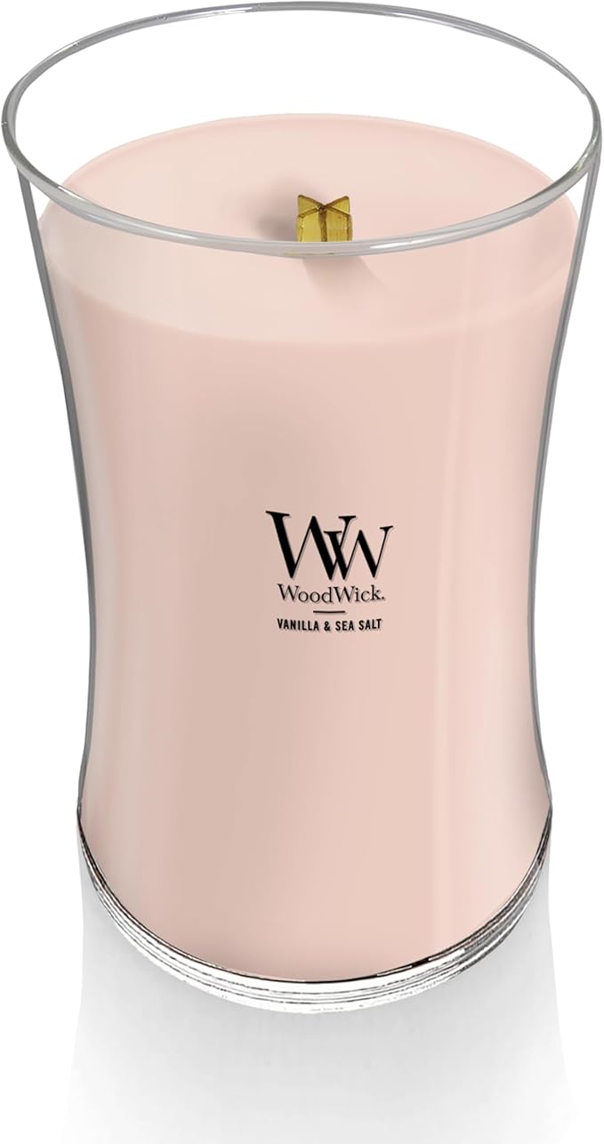 WoodWick Large Hourglass Candle, Vanilla Sea Salt Scented, Premium Soy and Paraffin Wax Blend, Crackles as it burns, Great for gifting, 21oz