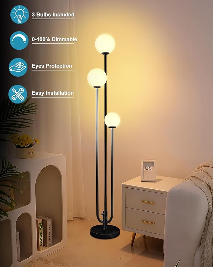 63IN 3-Light Dimmable Floor Lamp, Unique Tall Standing Lamps with 3 Black Poles and 3000K G9 Bulbs for Reading, Mid Century Modern Floor Lamp for Living Room Bedroom Office