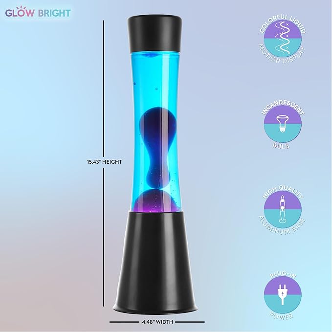 15.43" Cylinder Glow Lamp with Black Base, Blue Liquid and Purple Wax, Novelty Lamp and Home Décor for Adults, Teens and Kids