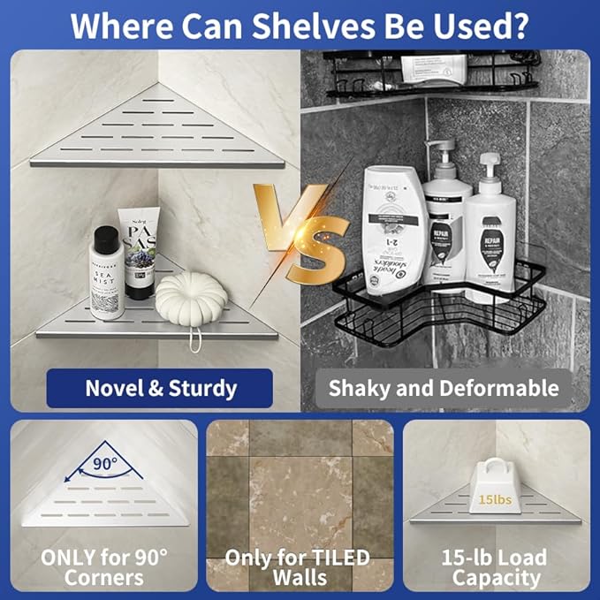 Corner Shower Shelf 10" Brushed 304 Stainless Steel Slot Design Recessed Corner Shelf Bathroom Shelf Rack for Tiled Wall