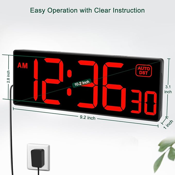 Soobest LED Digital Wall Clock, Large Digital Clock Bold Numbers with Seconds for Seniors Visually Impaired๏ผPlug Electric Clock Dimmable Auto DST Large Display 10 Inches (Red)