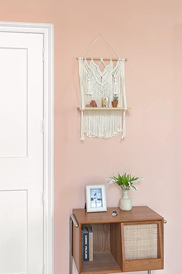 Mkono Macrame Wall Hanging Shelf Boho Decor Wood Floating Shelf for Bedroom Living Room Nursery Bathroom, Handmade Woven Rope Storage Rack for Photo Frames Plant Display