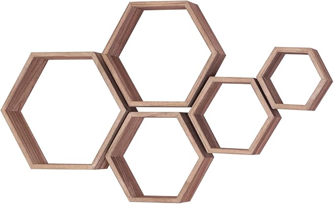 Hexagon Shelves for Wall,Hexagon Floating Shelf Set of 5,Honeycomb Shelves Octagon Hanging Cube Rustic Wood Wall Mounted for Living Room Bedroom Kitchen Bathroom Office Home Decor(Carbonized Brown)