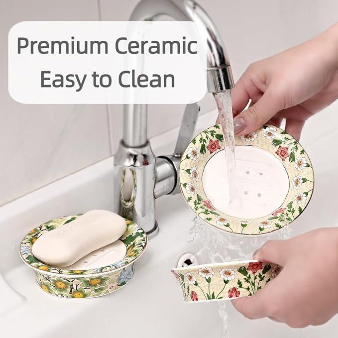 Floral Decorative Self Draining Soap Dish, Double-Layer Round Soap Tray, Vintage Ceramic Soap Dish (Style C)