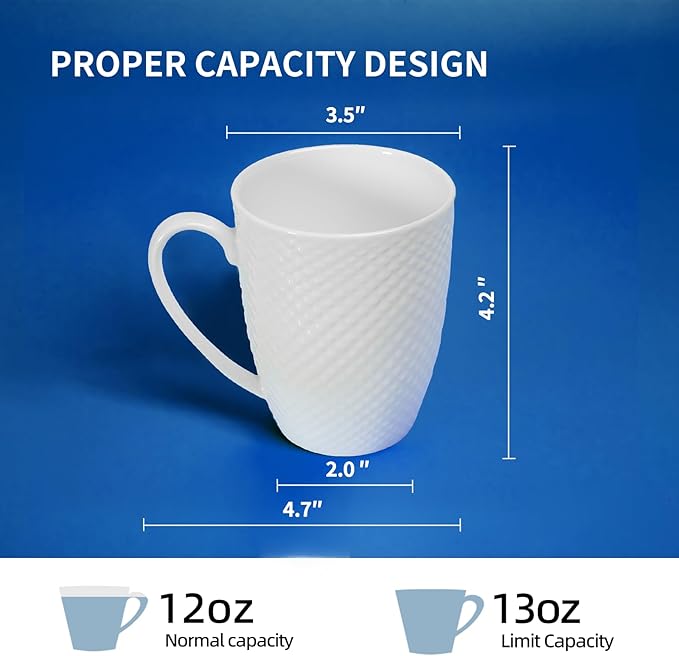 12 Oz Coffee Mugs Set of 6, Fine Bone China Mugs, White Ceramic Coffee Cups Set, Rhombus Relief Texture Coffee Mugs for Latte, Tea, Hot Cocoa, Women, Men