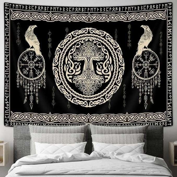 Hajmsug Vikings Tapestry,Black and White Tree Bird of Wisdom Celtic Rune Ancient Rune Totem Norse Mythology Medieval Viking Wall Art,Aesthetic Mythology Tapestry for Bedroom Living Room,71X60 Inch.