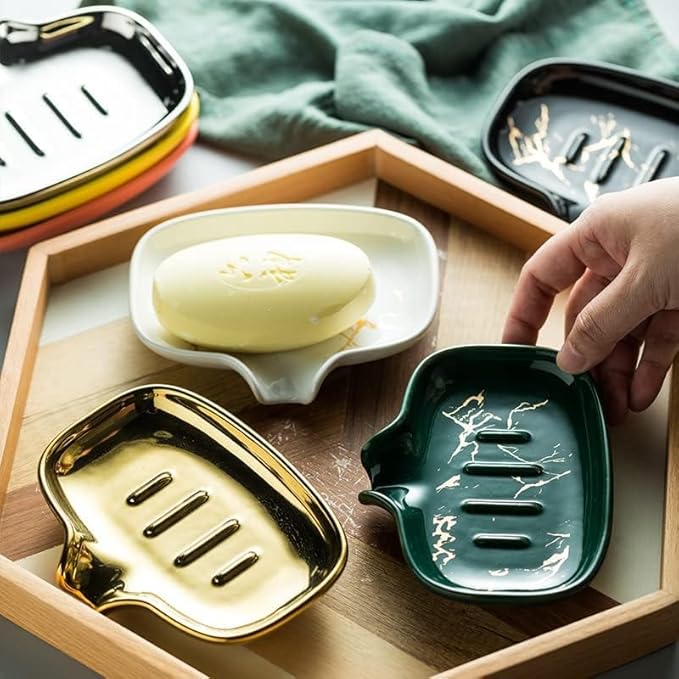 Multi-Color Ceramic Soap Dish for Kitchen or Bathroom, Easy to Clean, Self Draining Soap Holder, Keeps Soap Dry (Gold)