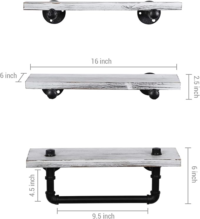 MyGift Wall Mounted White Washed Solid Wood Floating Shelf Organizer, 3 Piece Set Mounted Bathroom Display Shelf with Towel Bar and Industrial Metal Pipe Brackets