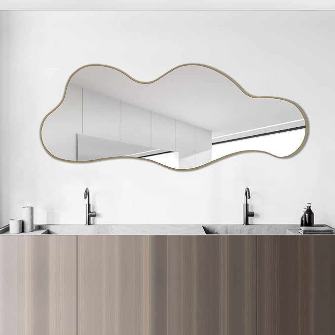 POZINO Irregular Wall Mirror, Asymmetrical Mirrors, 39.3"x16" Cloud Shaped Mirror, Gold Modern Mirrors for Bathroom Living Room Bedroom Entryway