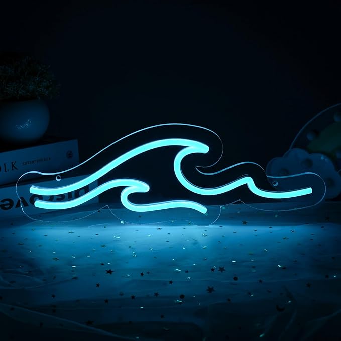 Wave Neon Signs with Cycle Timer,Dimmer Ice Blue Wave Led Neon Light Sign For Kids Wall Decor USB Powered For Living Room Bar Bedroom Christmas Gift