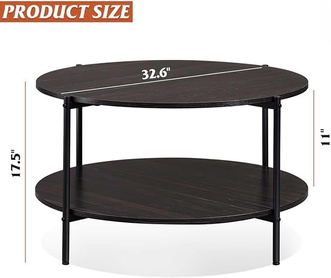 WLIVE Round Coffee Table for Living Room, 32.6" Small Coffee Table with Open Storage Shelf, 2-Tier Industrial Circle Wood Center Table for Bedroom, Home Office, Charcoal Black