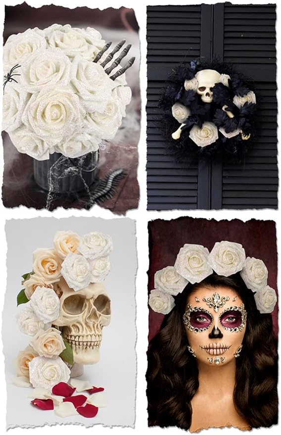 N&T NIETING Artificial Flowers Glitter Roses Flowers 25pcs White Foam Shiny Roses Real Looking Fake Roses with Stem for DIY Wedding Bouquets Centerpieces Bridal Shower Party Home Decorations
