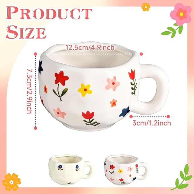 Coffee Mugs Set of 2, Ceramic Coffee Mug with Blue and Pink Floral, 10 oz Aesthetic Latte Art Cups with Handle, Cute Painted Flower Cup for Cappuccino, Cocoa, Espresso - Microwave and Dishwasher Safe