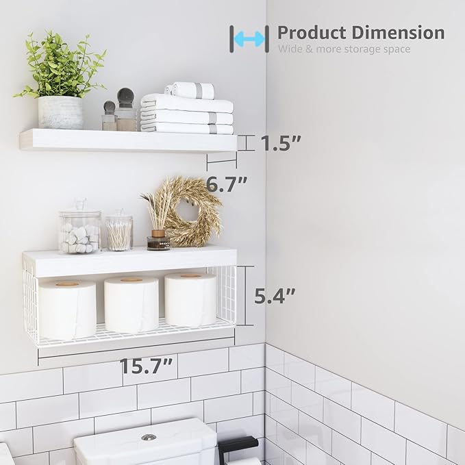 QEEIG White Bathroom Shelves Over Toilet Wall Mounted Floating Shelves Farmhouse Shelf Toilet Paper Storage Small 16 inch Set of 2 (019-W2)