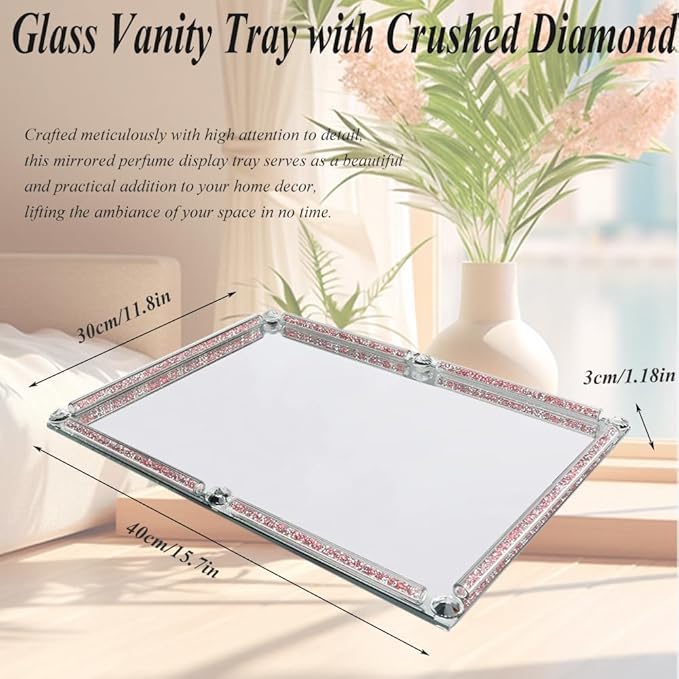 Large Mirrored Vanity Tray, Crushed Diamond Filled Crystal Glass Cosmetic Makeup Tray, Sparkle Perfume Jewelry Trinket Countertop Decorative Tray, for Home Party Hotel Banquet Dresser Bathroom Bedroom