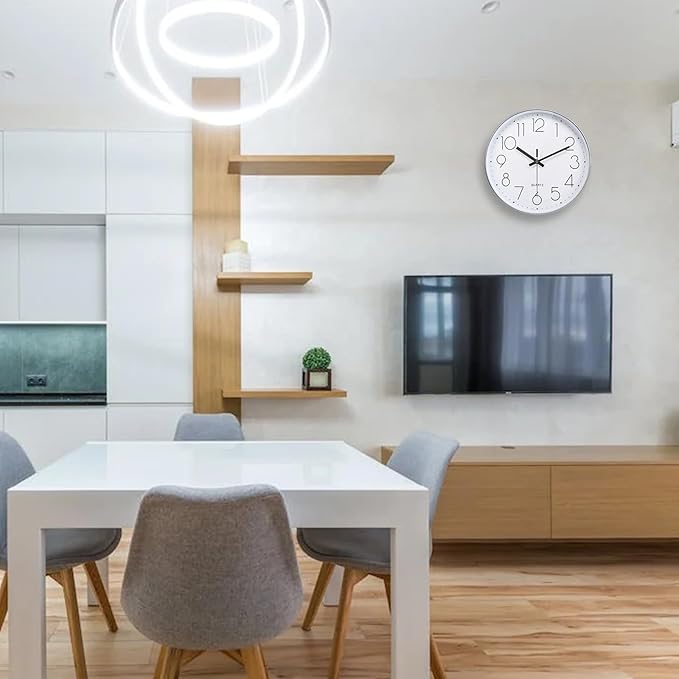 Wall Clock Modern Design, Silent Non-Ticking Battery Operated Clocks for Kitchen, Classroom (10 Inch, Silver)