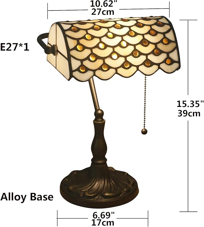 Tiffany Style Bankers Table Lamp Stained Glass Piano Desk Lamp Vintage Bedroom Bedside Lamp for Study,Antique Alloy Base,Zipper Switch,Green c