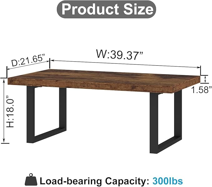IBF Rustic Coffee Table, Industrial Simple Wooden Living Room Table, Modern Minimalist Farmhouse Rectangle Center Table, Wood and Metal Vintage Tea Coffee Table for Home Bedroom, Rustic Brown, 39 Inch