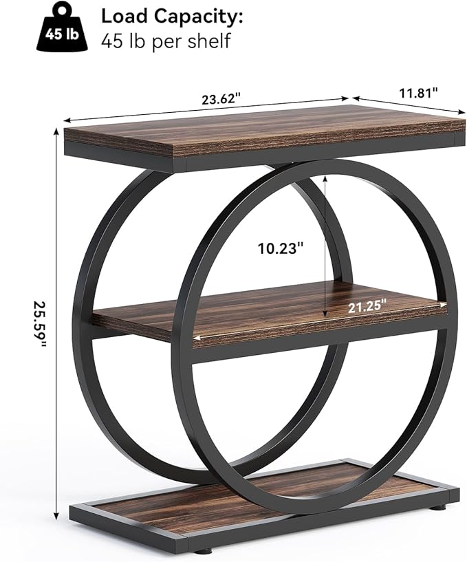LITTLE TREE End Table, 3-Tier Side Table, Slim Sofa Side Table for Living Room, Tall Bedside Table Nightstand for Bedroom, Rustic Brown and Black