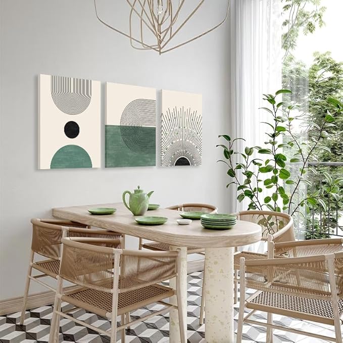 Sage Green Boho Wall Art, KBKBART Abstract Framed Canvas Wall Art for Living Room, Minimalist Beige Green Sun Geometry Black Line Artwork Paintings, Modern Sage Green Boho Room Decor, Green Wall Decor